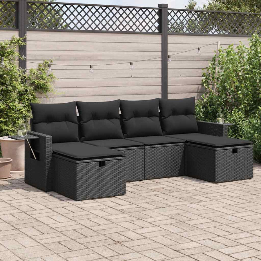 6-delige Loungeset met kussens poly rattan zwart