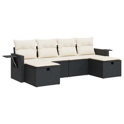 6-delige Loungeset met kussens poly rattan zwart