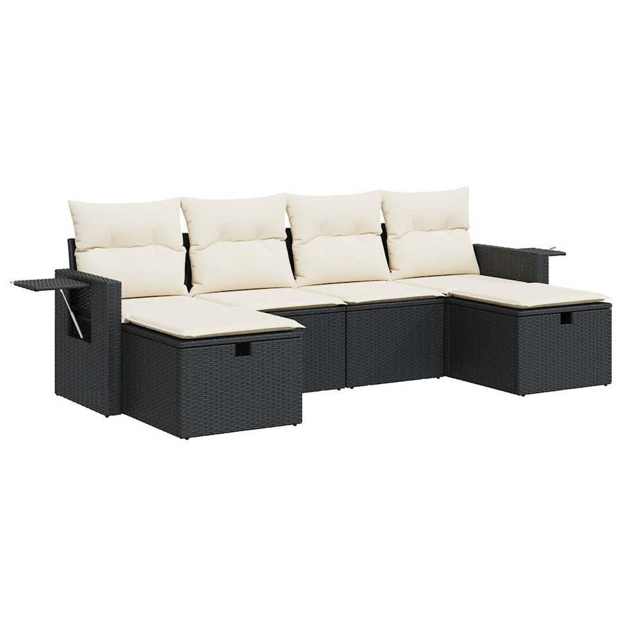 6-delige Loungeset met kussens poly rattan zwart