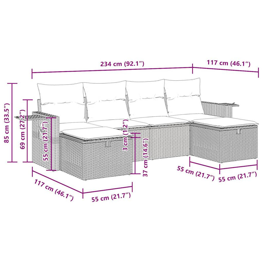 6-delige Loungeset met kussens poly rattan zwart