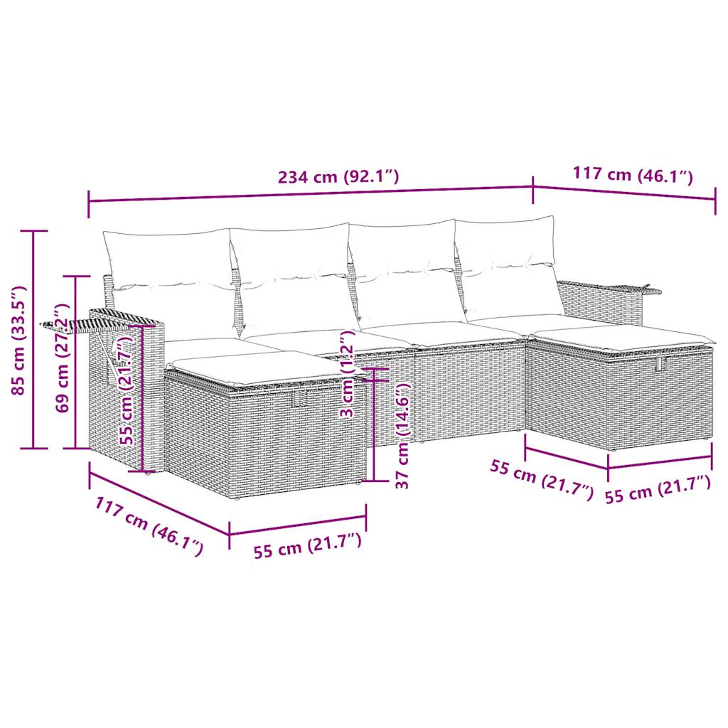 6-delige Loungeset met kussens poly rattan zwart