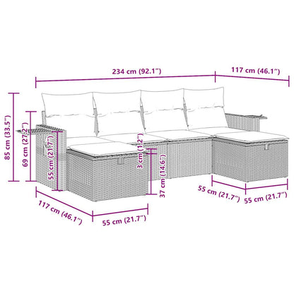 6-delige Loungeset met kussens poly rattan zwart
