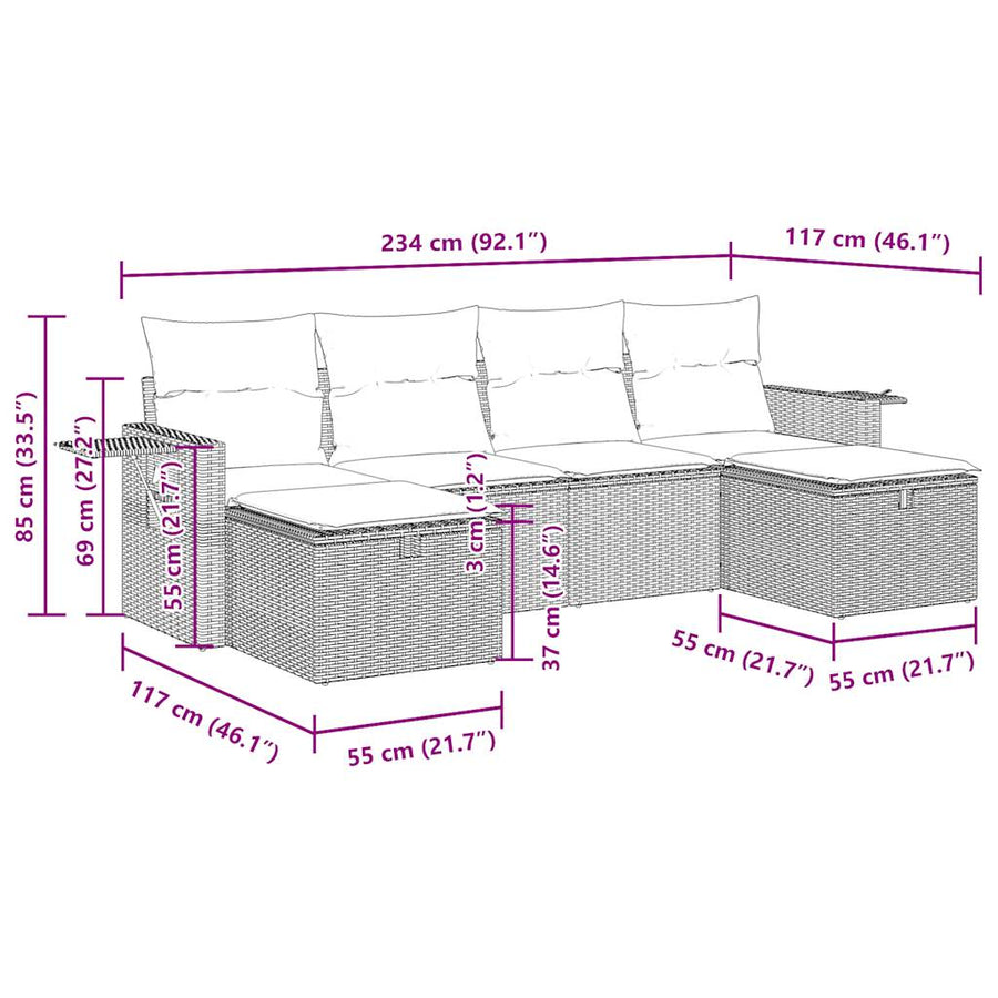 6-delige Loungeset met kussens poly rattan zwart