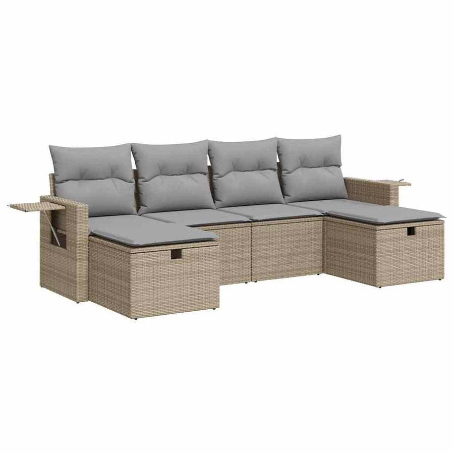 6-delige Loungeset met kussens poly rattan beige