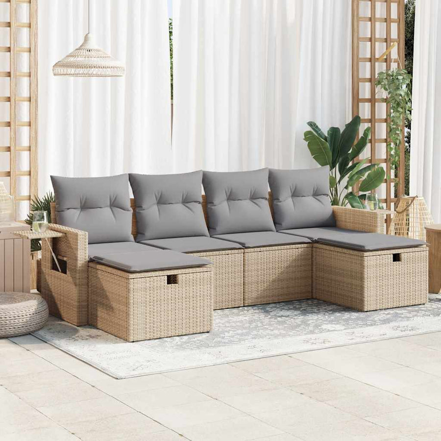 6-delige Loungeset met kussens poly rattan beige