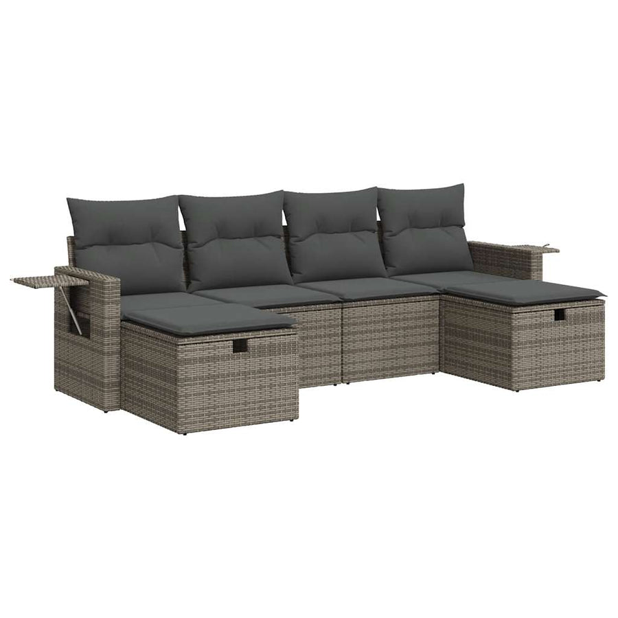6-delige Loungeset met kussens poly rattan grijs