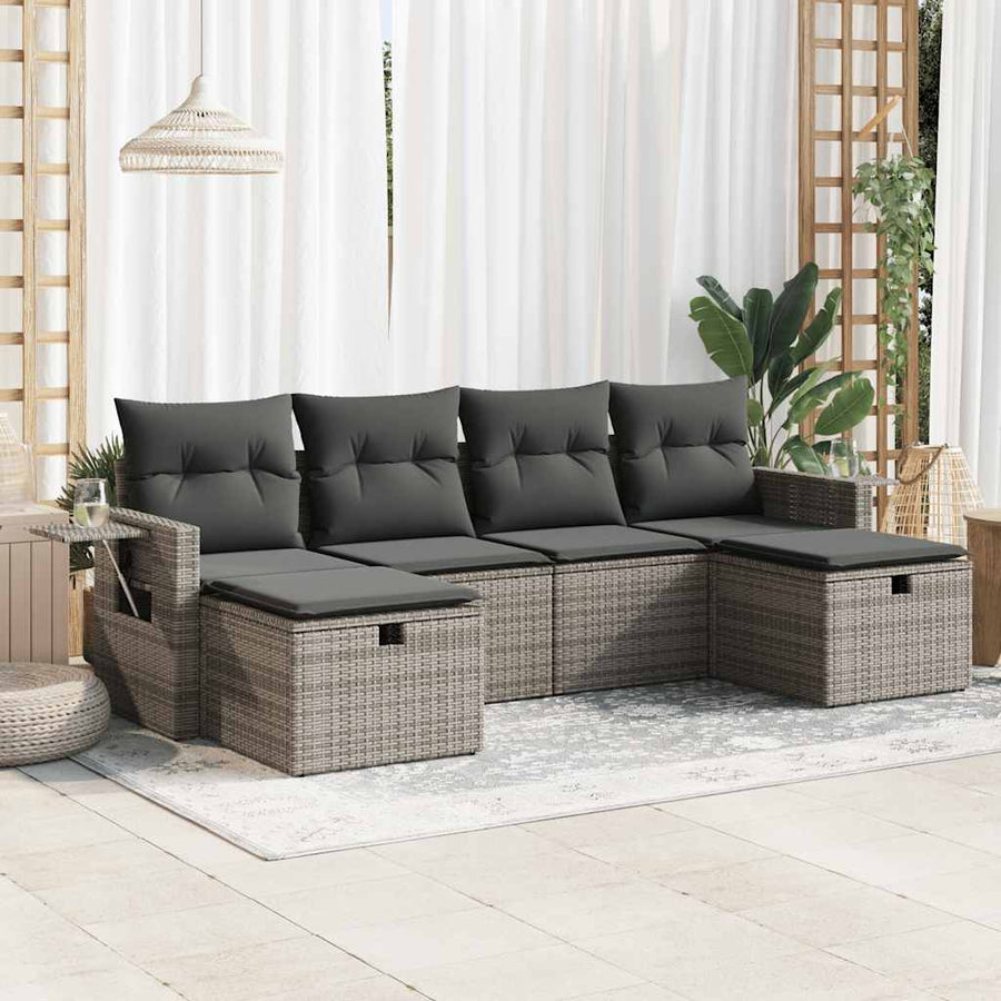 6-delige Loungeset met kussens poly rattan grijs
