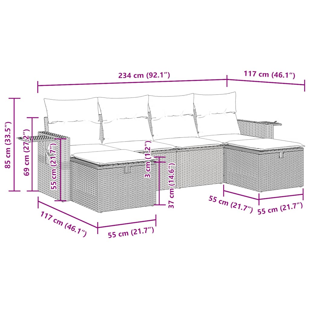 6-delige Loungeset met kussens poly rattan bruin