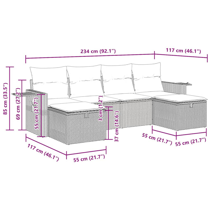 6-delige Loungeset met kussens poly rattan bruin