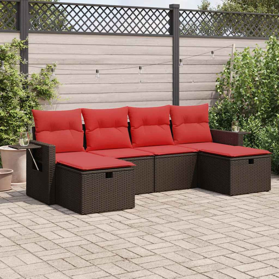 6-delige Loungeset met kussens poly rattan bruin