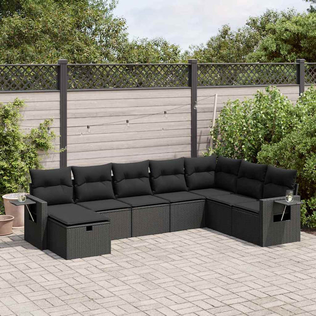 8-delige Loungeset met kussens poly rattan zwart