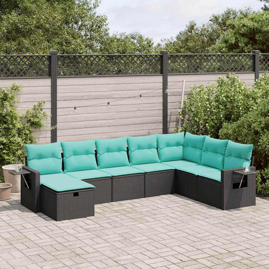 8-delige Loungeset met kussens poly rattan zwart