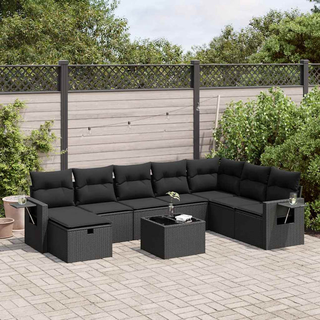 9-delige Loungeset met kussens poly rattan zwart