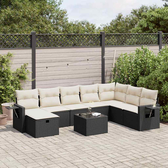 9-delige Loungeset met kussens poly rattan zwart