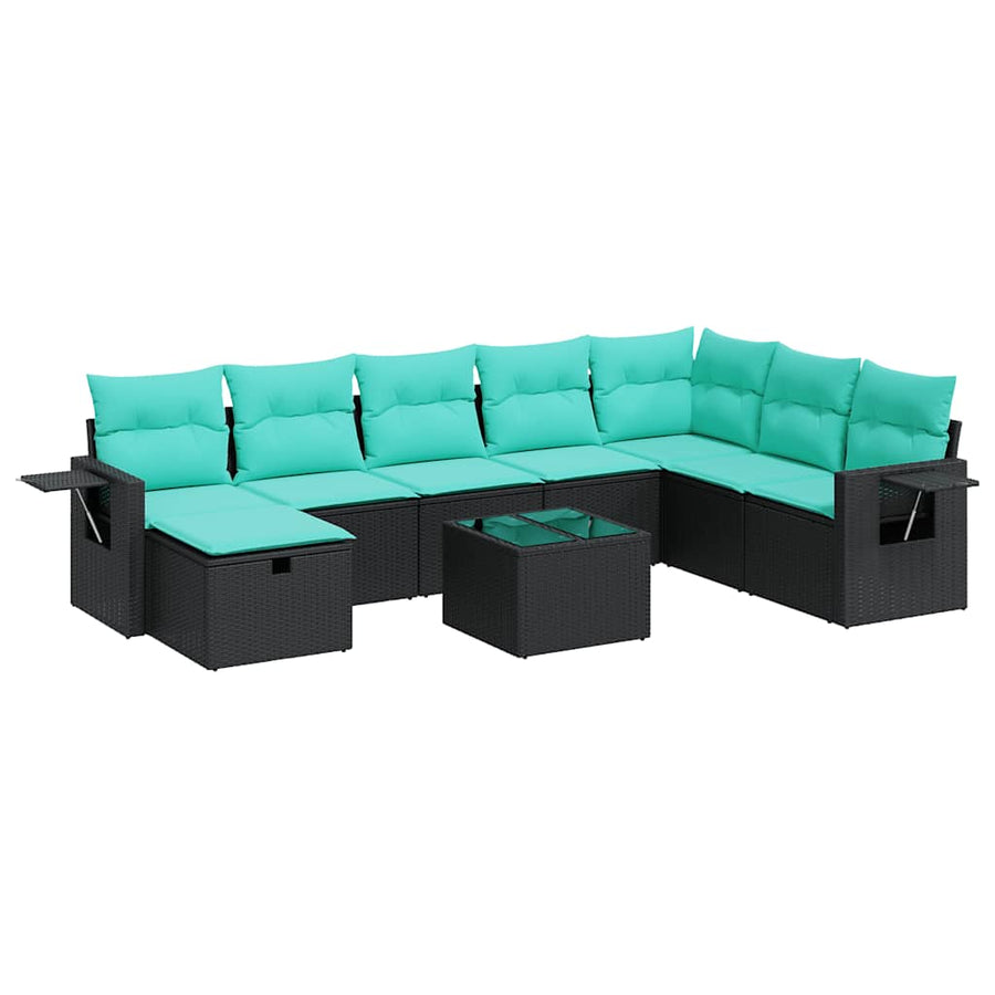 9-delige Loungeset met kussens poly rattan zwart