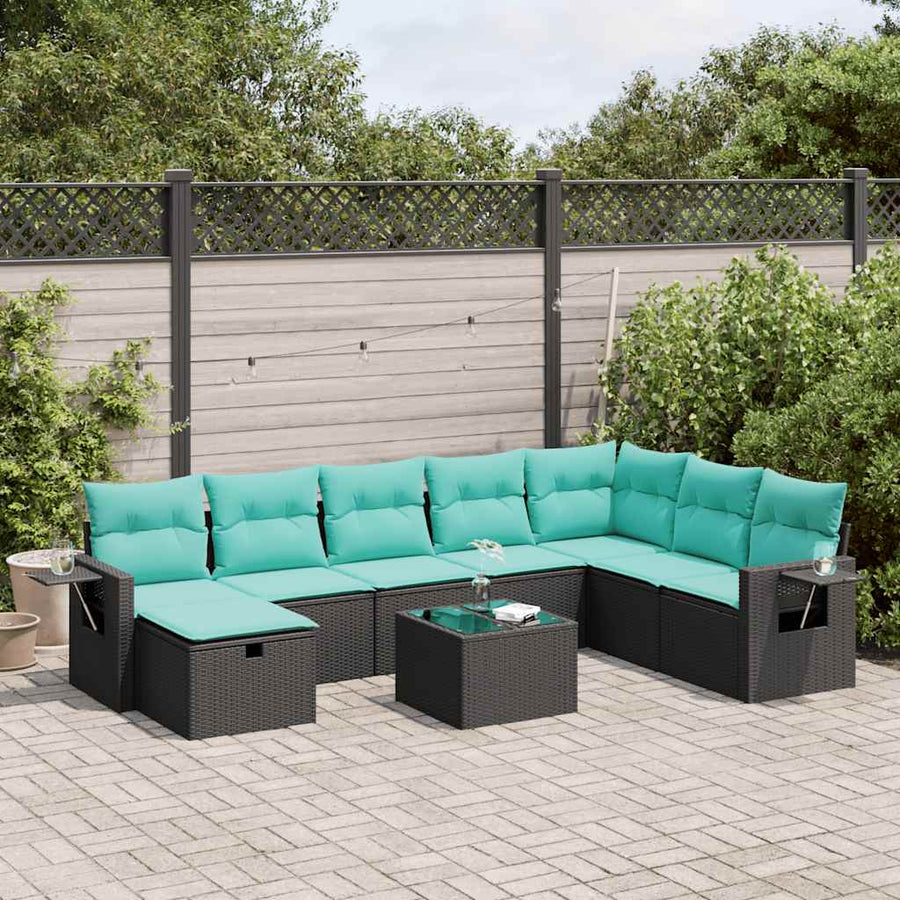 9-delige Loungeset met kussens poly rattan zwart