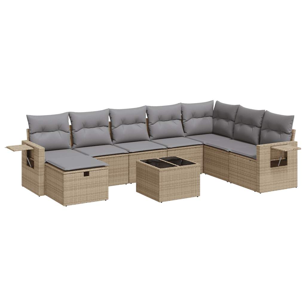 9-delige Loungeset met kussens poly rattan beige