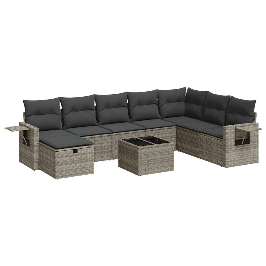 9-delige Loungeset met kussens poly rattan grijs