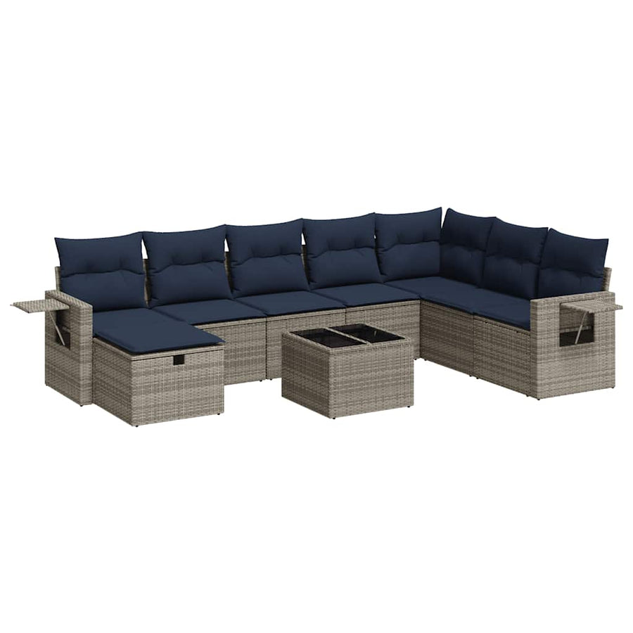 9-delige Loungeset met kussens poly rattan grijs