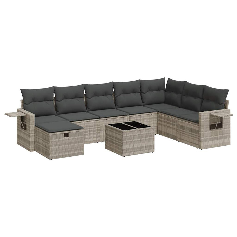 9-delige Loungeset met kussens poly rattan lichtgrijs