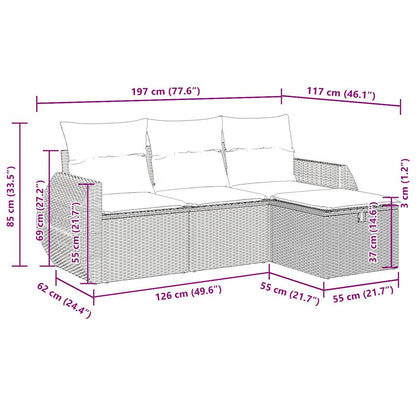 4-delige Loungeset met kussens poly rattan zwart