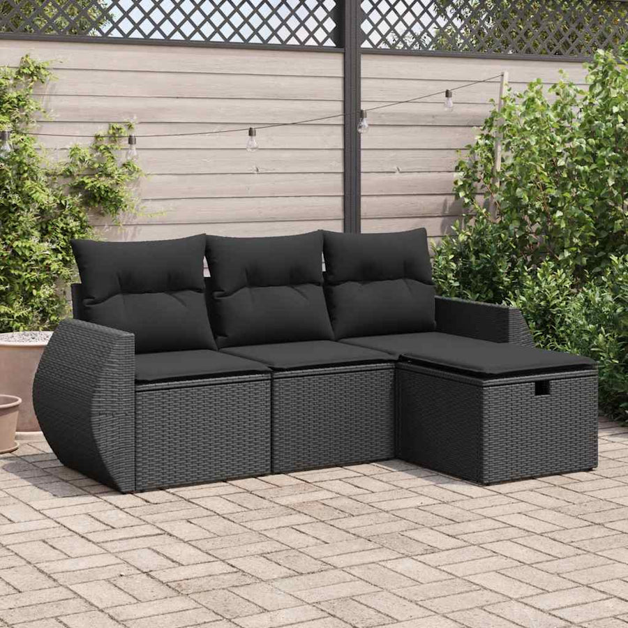 4-delige Loungeset met kussens poly rattan zwart