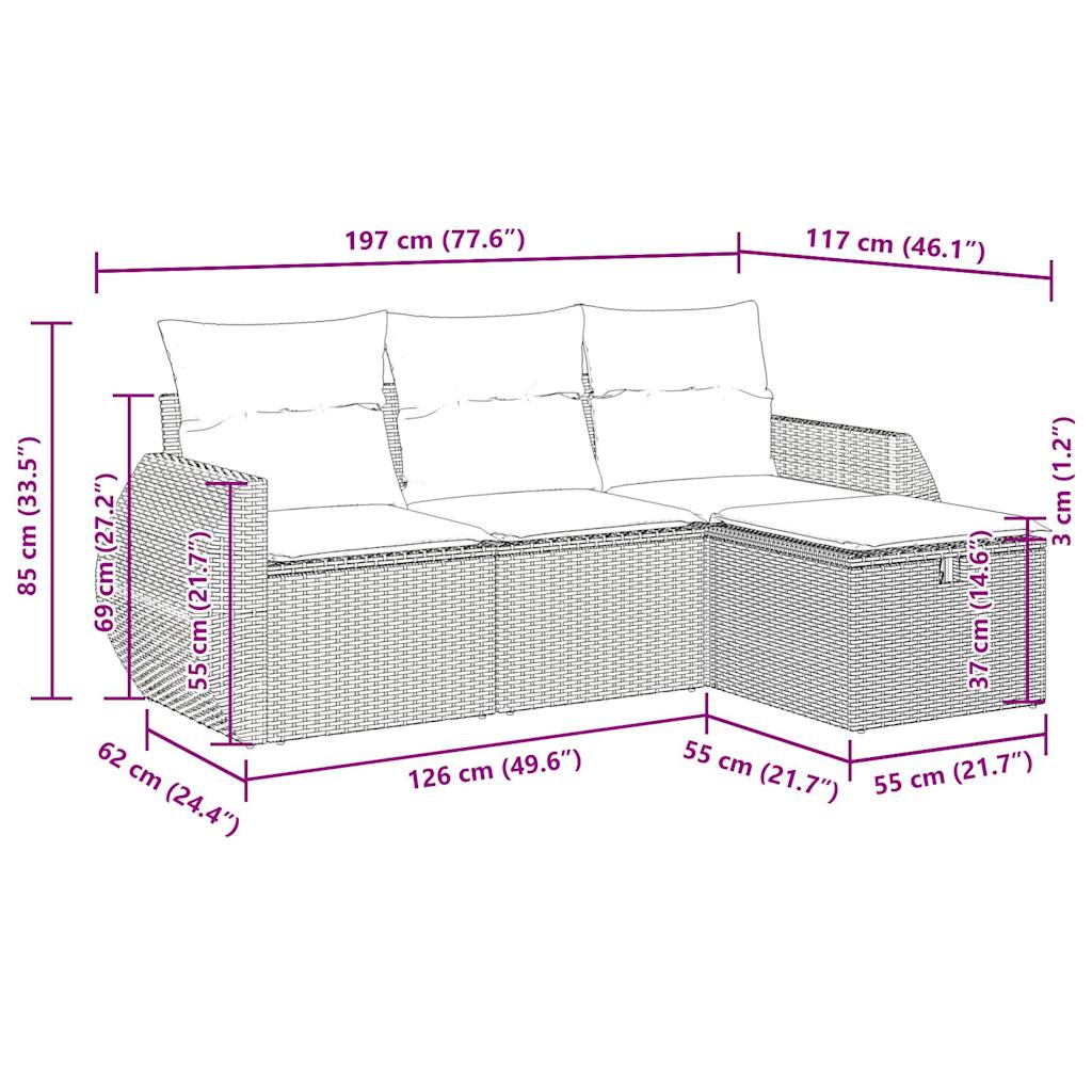 4-delige Loungeset met kussens poly rattan zwart