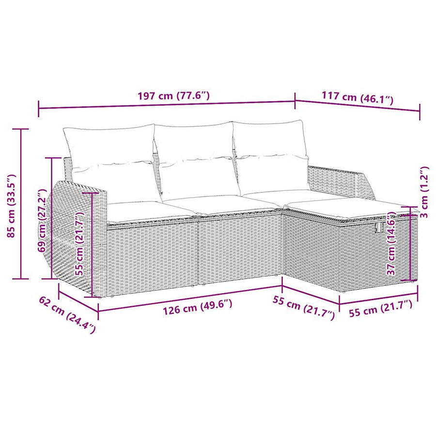 4-delige Loungeset met kussens poly rattan zwart
