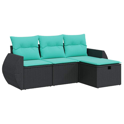 4-delige Loungeset met kussens poly rattan zwart
