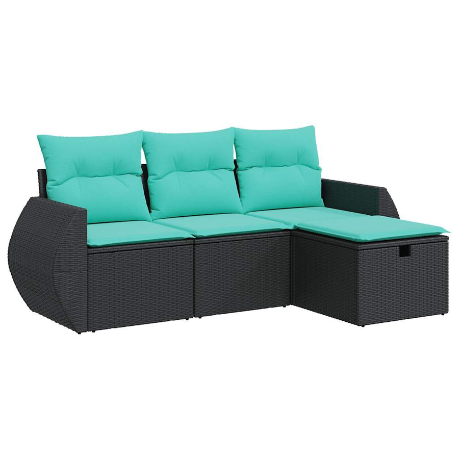 4-delige Loungeset met kussens poly rattan zwart