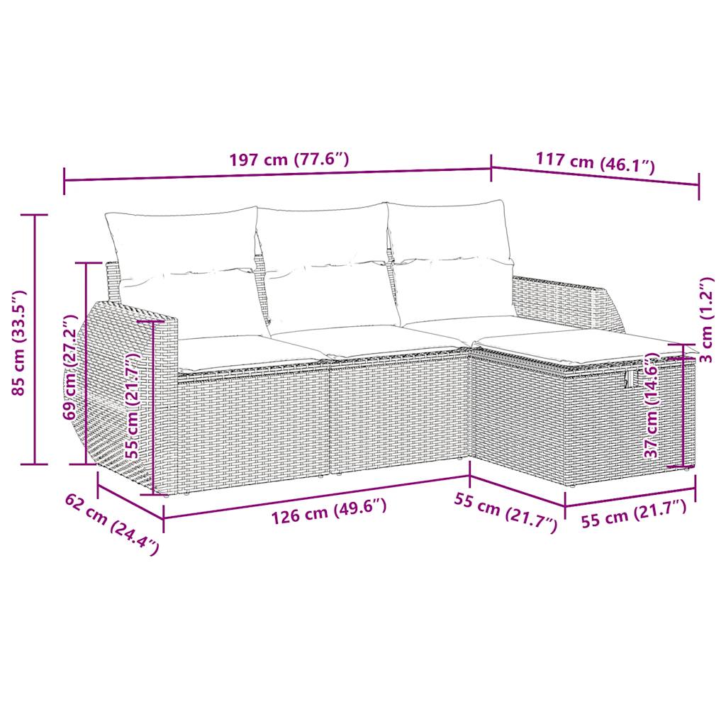4-delige Loungeset met kussens poly rattan zwart