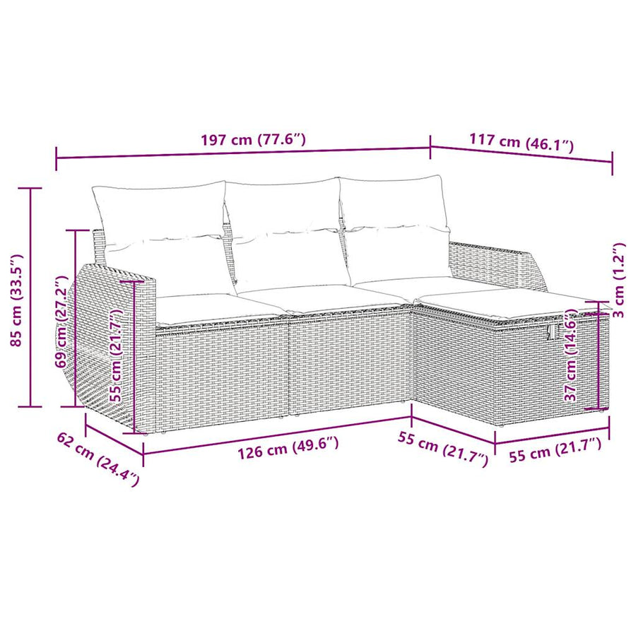 4-delige Loungeset met kussens poly rattan zwart