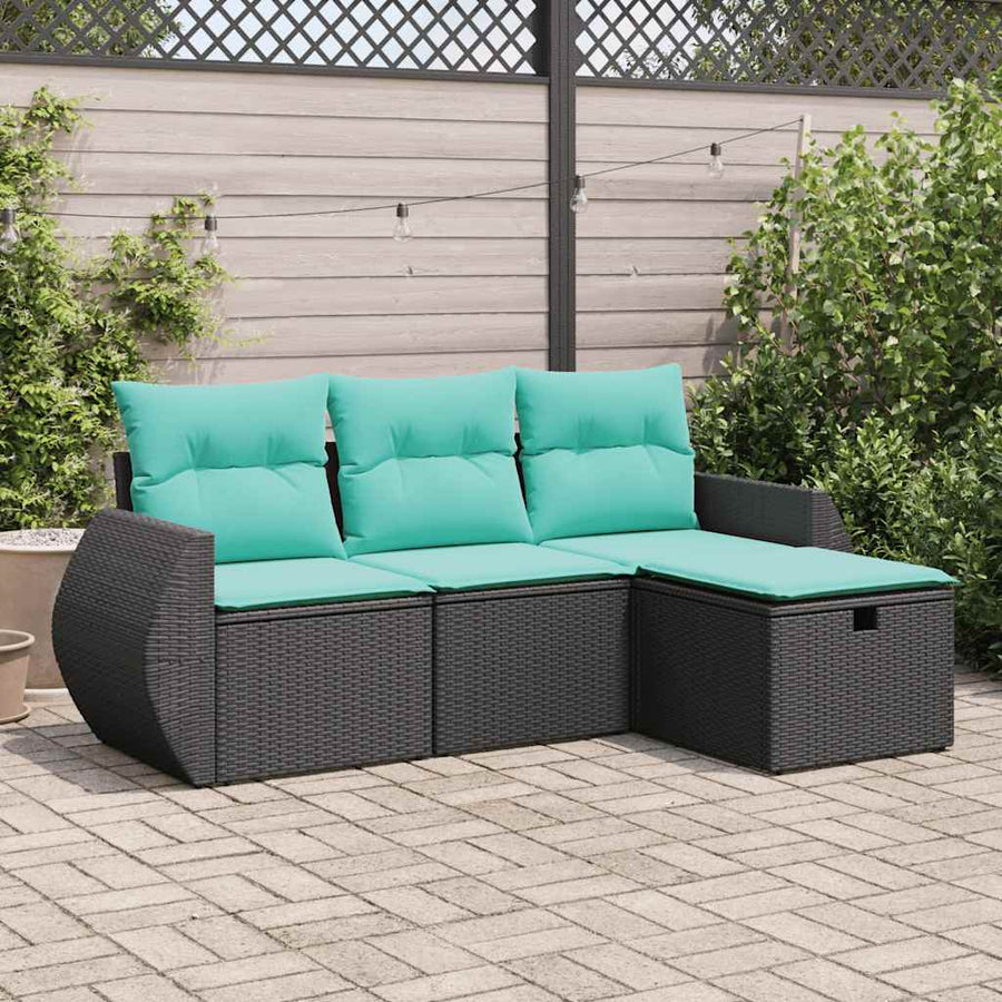 4-delige Loungeset met kussens poly rattan zwart