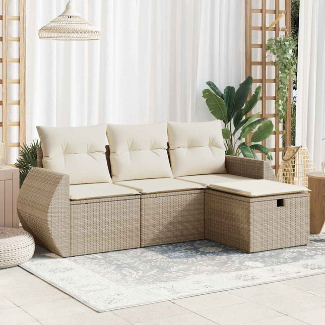 4-delige Loungeset met kussens poly rattan beige