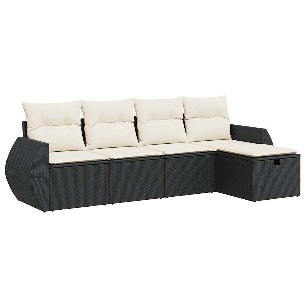 5-delige Loungeset met kussens poly rattan zwart
