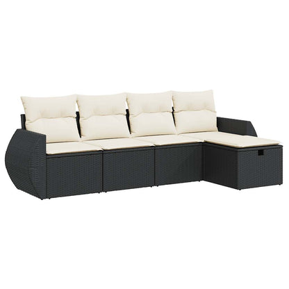 5-delige Loungeset met kussens poly rattan zwart