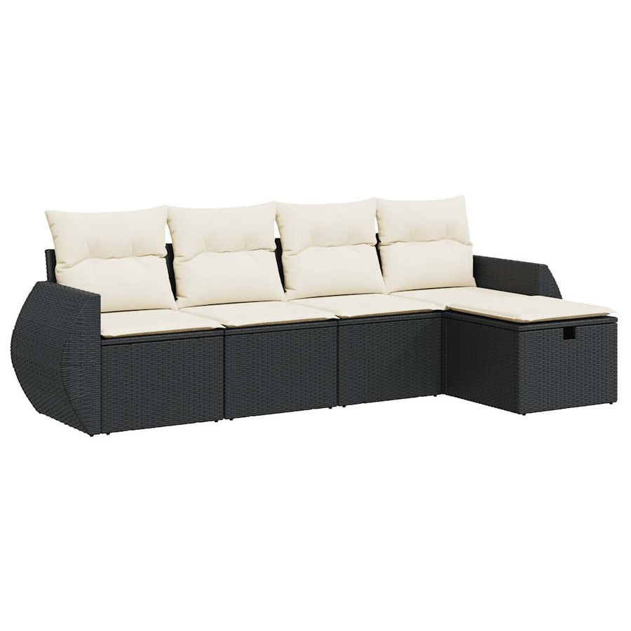 5-delige Loungeset met kussens poly rattan zwart