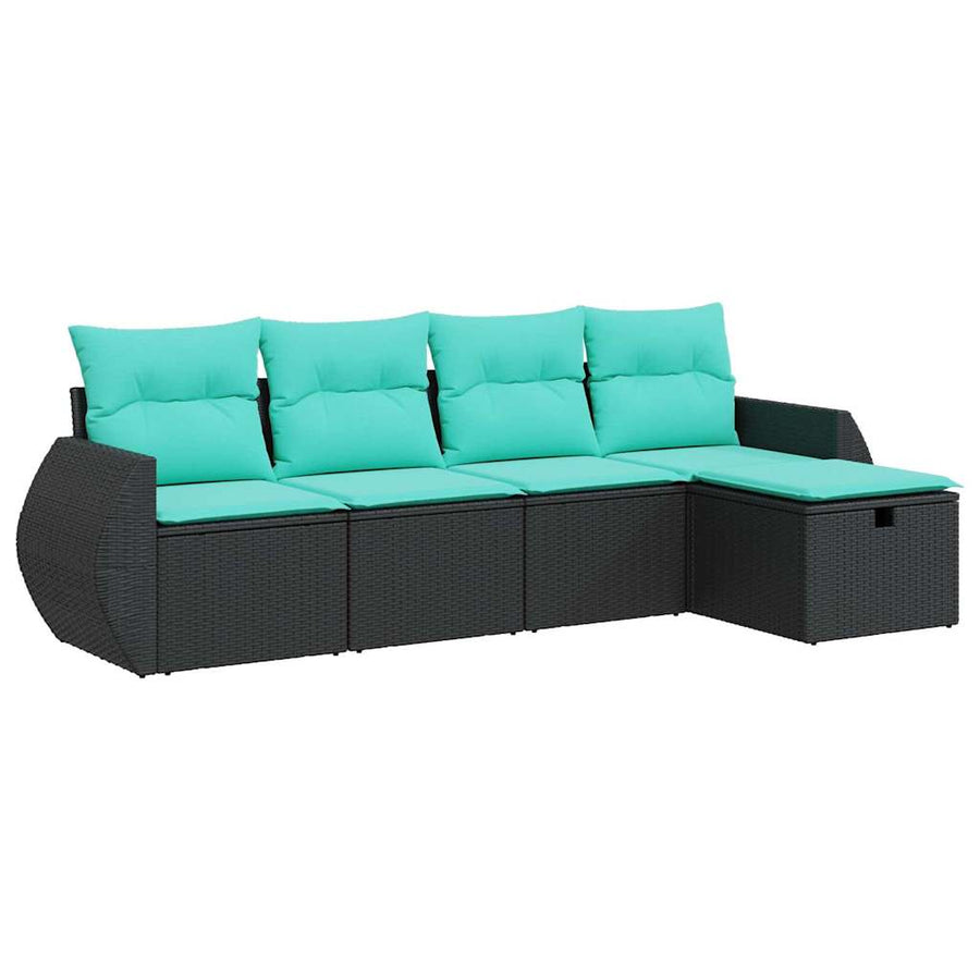 5-delige Loungeset met kussens poly rattan zwart