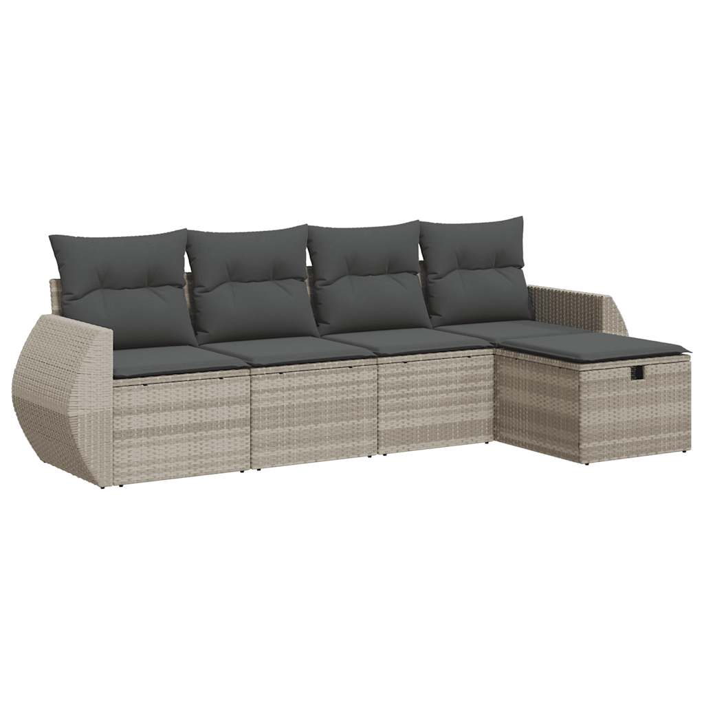 5-delige Loungeset met kussens poly rattan lichtgrijs
