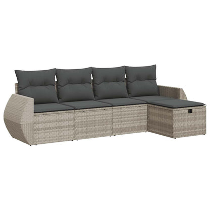 5-delige Loungeset met kussens poly rattan lichtgrijs