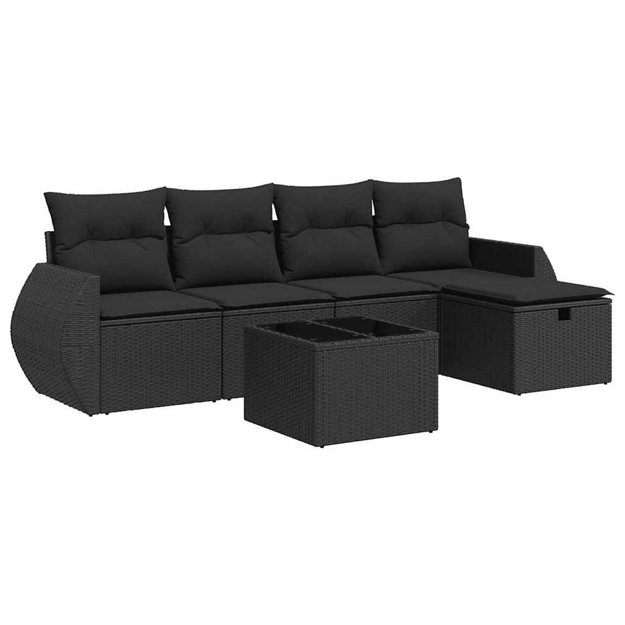 6-delige Loungeset met kussens poly rattan zwart