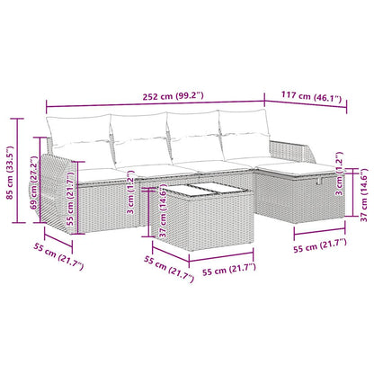 6-delige Loungeset met kussens poly rattan zwart