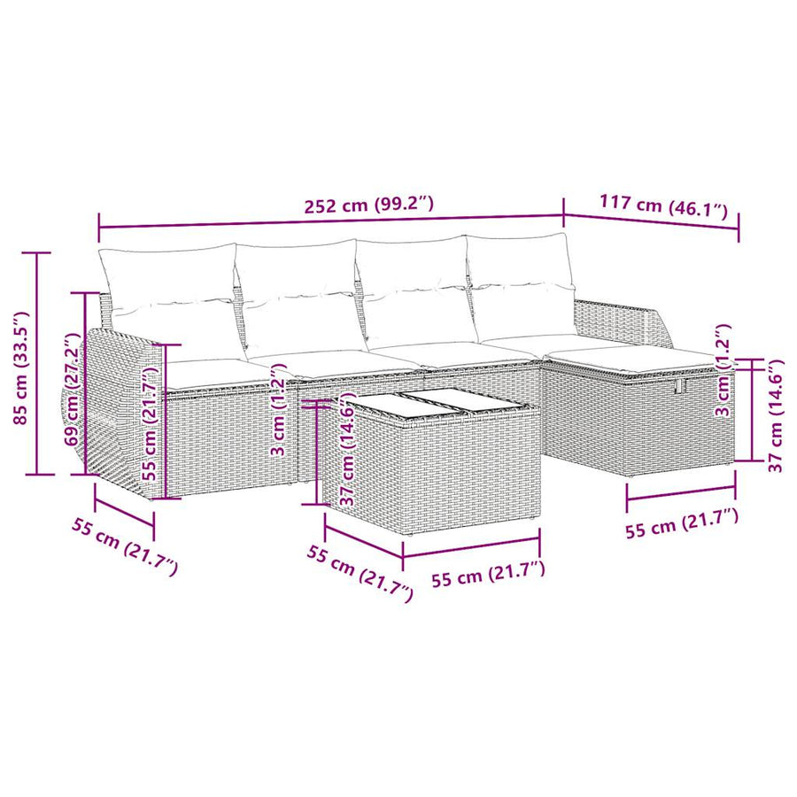 6-delige Loungeset met kussens poly rattan zwart