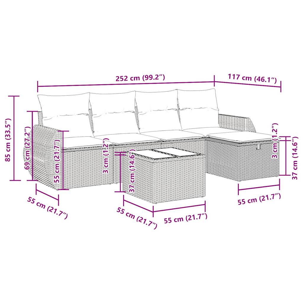 6-delige Loungeset met kussens poly rattan zwart