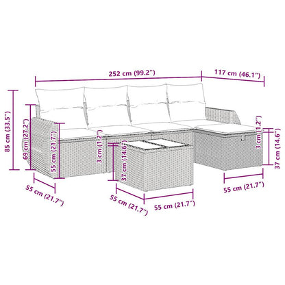 6-delige Loungeset met kussens poly rattan zwart