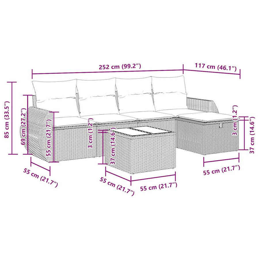 6-delige Loungeset met kussens poly rattan zwart