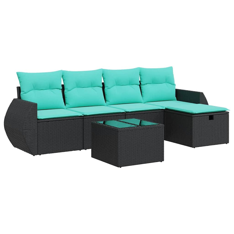 6-delige Loungeset met kussens poly rattan zwart
