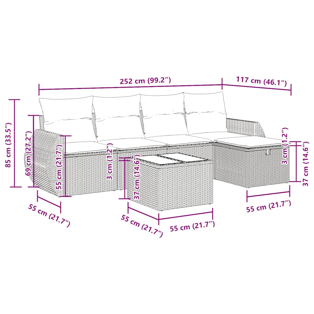 6-delige Loungeset met kussens poly rattan zwart