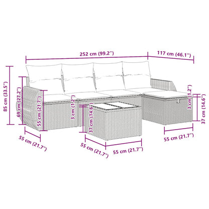 6-delige Loungeset met kussens poly rattan zwart