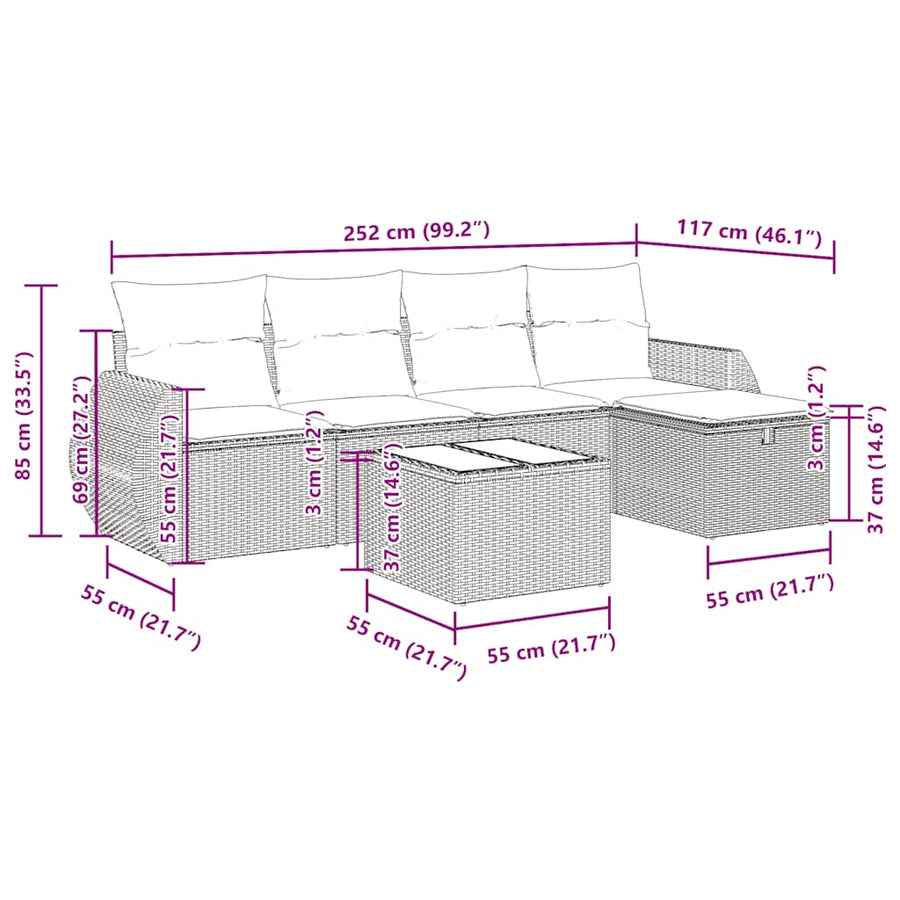 6-delige Loungeset met kussens poly rattan zwart